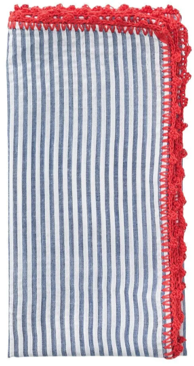 The Kim Seybert Seersucker Napkin Set features folded blue and white vertically striped napkins, each accented with a decorative red hand-crocheted border along one edge.
