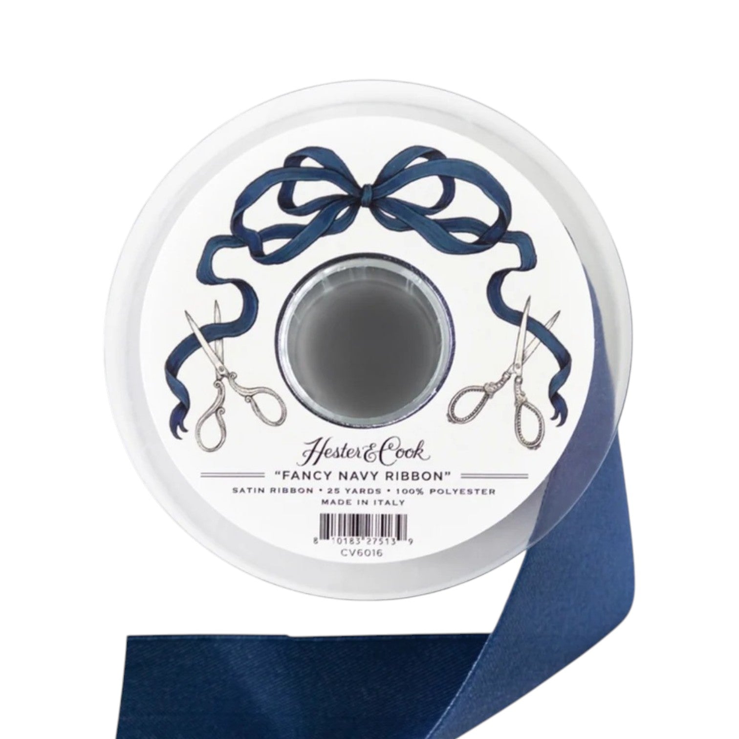 A spool of satin ribbon in navy from Hester & Cook’s Fancy Ribbon line, featuring elegant scissors illustrations on the packaging—perfect for gift wrapping and enhancing your collection of satin ribbons.