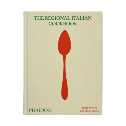 The Regional Italian Cookbook by Phaidon features a cream cover with a red spoon illustration and green title text—ideal for fans of The Silver Spoon and authentic Italian cuisine.
