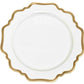 A white ceramic plate with a scalloped edge and gold trim from Anna Weatherley’s Anna’s Palette Antique White with Gold Dinnerware Collection, viewed from above on a plain background—reminiscent of the exquisite hand-painted pieces crafted in Budapest.