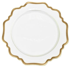 A white ceramic plate with a scalloped edge and gold trim from Anna Weatherley’s Anna’s Palette Antique White with Gold Dinnerware Collection, viewed from above on a plain background—reminiscent of the exquisite hand-painted pieces crafted in Budapest.