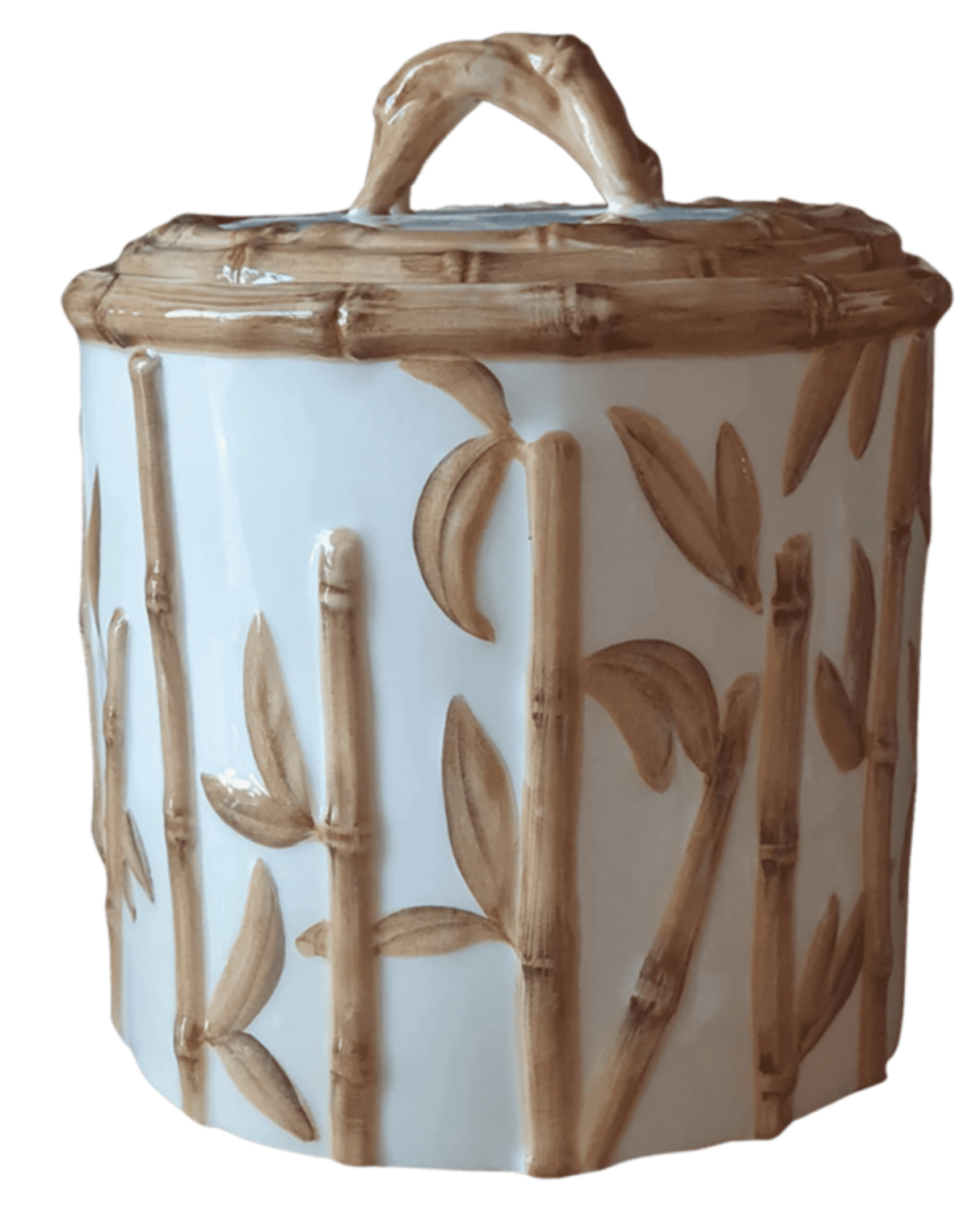 The Les Ottomans Bamboo Cookie Jar features a lid and showcases jungle chic style with raised brown bamboo patterns on a white ceramic background.