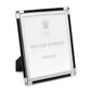 A silver and black frame from the William Yeoward Crystal Black Classic Frame Collection, with a stand and bright nickel-plated finish, displays a placeholder labeled "William Yeoward Crystal.