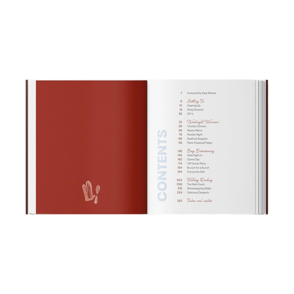 Explore The Newlywed Cookbook by Penguin Random House, featuring an open book with a red page showcasing a utensil illustration on the left and a table of contents highlighting easy meals and section titles with page numbers on the right—ideal for couples or anyone searching for a newlywed cookbook.