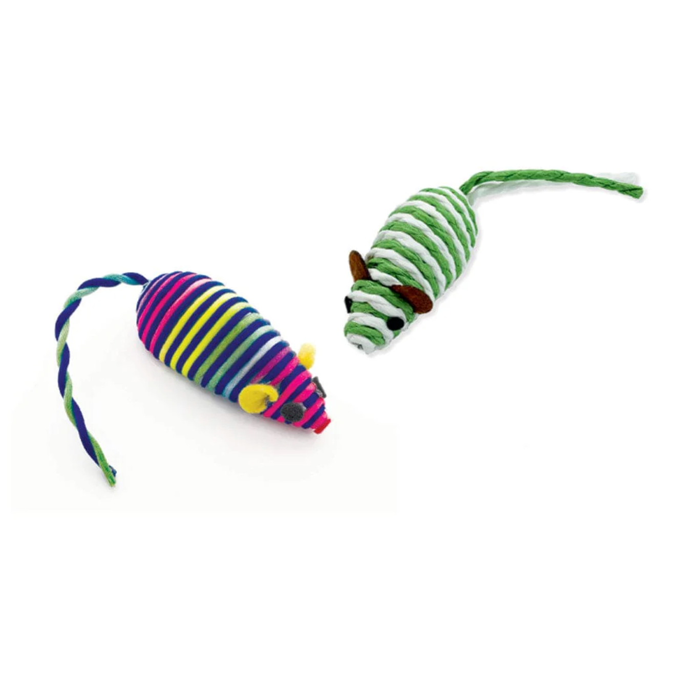 The Caspari Yule Cat Pet Christmas Cracker displays two toy mice with striped bodies—one with bright colors and yellow ears, the other in green and white with brown ears—set against a white background.