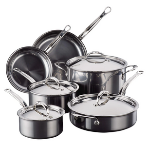 The Hestan NanoBond Titanium Ultimate Cookware 10-Piece Set offers exceptional heat conduction with ProCore aluminum, featuring three pots with lids, two pans, and one sauté pan with a lid—all with durable metal handles.