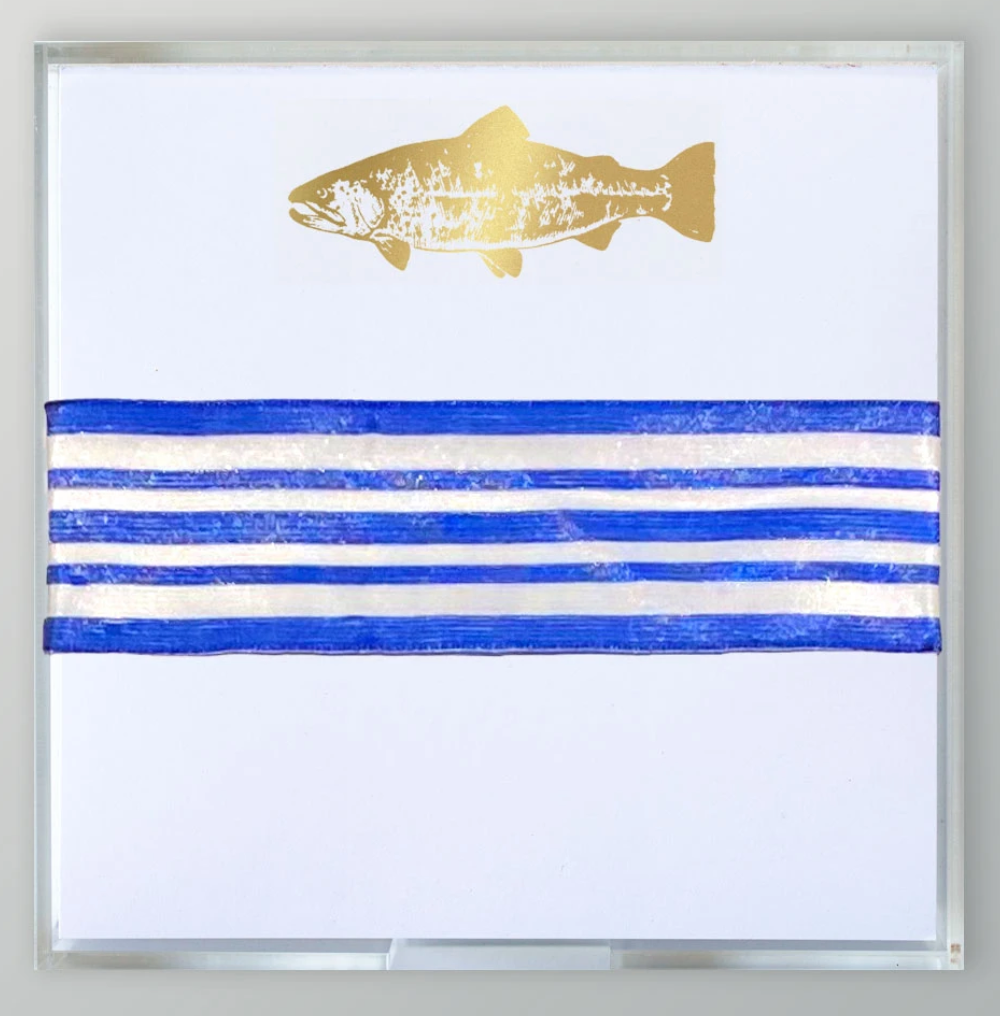 The Fish Small Paddie by Black Ink features a gold fish above six blue and white stripes on a white background—perfect as quirky wall décor for small spaces or as an eye-catching notepad cover.