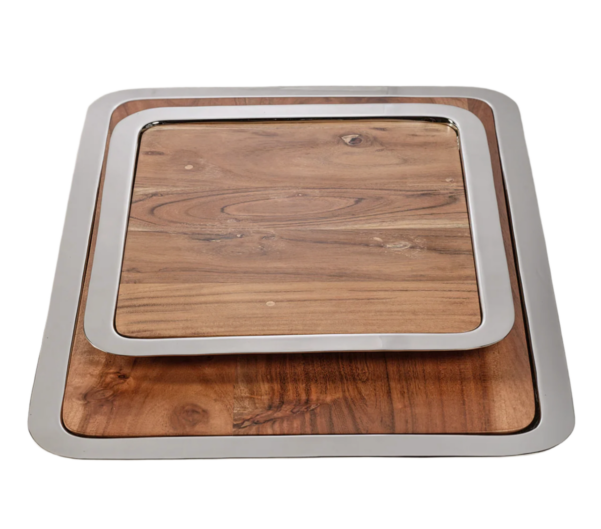 The Brasserie Steel and Acacia Wood Gastronomy Board Collection by Zodax features two stacking rectangular trays with metal rims and natural wood grain, ideal for use as charcuterie or gastronomy boards.