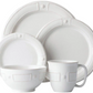 A white dinnerware set inspired by Parisian architecture, featuring a large plate, medium plate, bowl, and mug—all adorned with a textured border design. Part of the Juliska Berry & Thread French Panel Collection by Juliska.