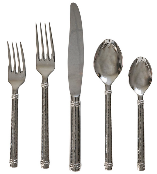 The Juliska Graham 5 Piece Flatware Set features two forks, a knife, a tablespoon, and a teaspoon with decorative handles. The polished stainless steel finish adds elegance to casual entertaining.