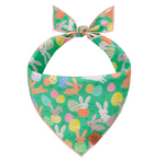 Colorful bandana with Easter-themed design featuring bunnies and eggs on a white background.
