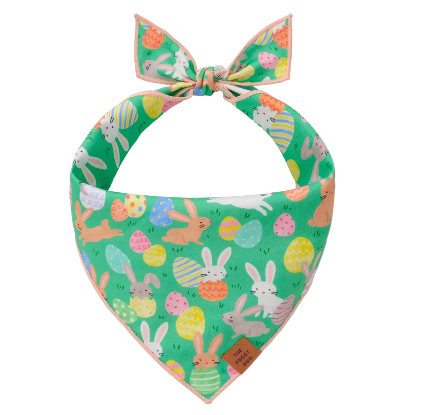 Colorful bandana with Easter-themed design featuring bunnies and eggs on a white background.