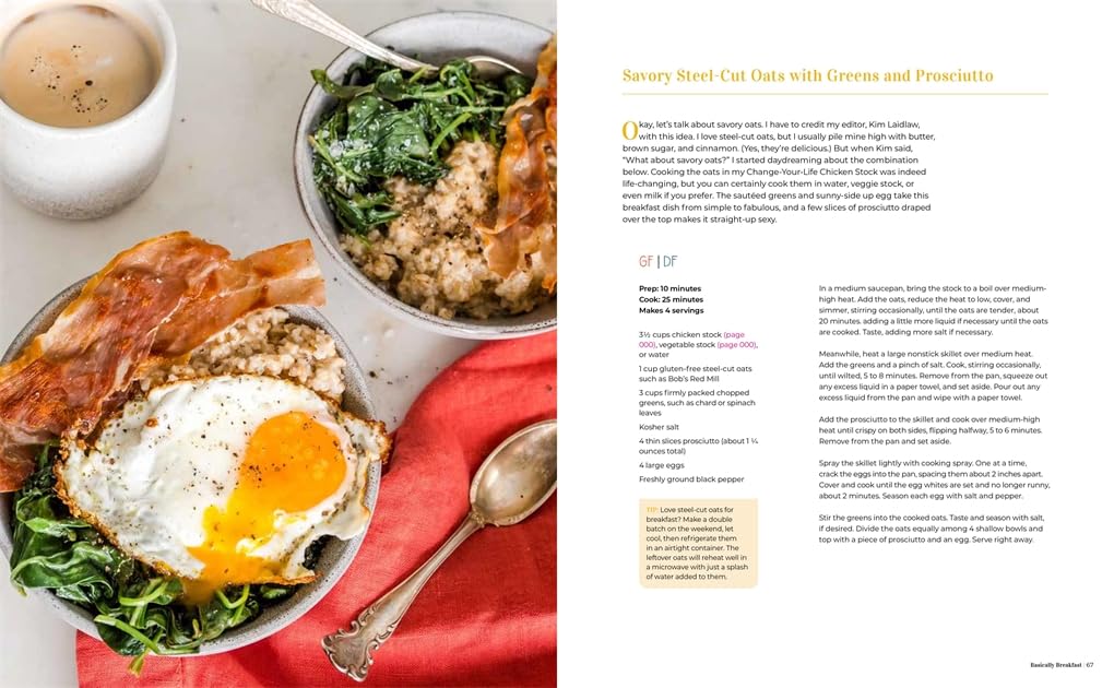 A bowl of steel-cut oats with a fried egg, sautéed greens, and prosciutto—featured in Abrams' "Homemade Simple: Effortless Dishes for a Busy Life"—makes a healthy family meal. A spoon sits in the bowl, ready to enjoy.
