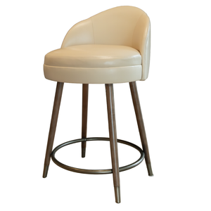 A beige upholstered barstool, the Helga Counter Stool by Hickory Chair, with a curved backrest, wooden legs, and a circular metal footrest is pictured on a white background. This elegant memory swivel stool—available at the Hive Trade Showroom—offers an oval seat for enhanced comfort and contemporary appeal.