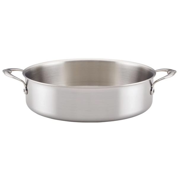 The Hestan Thomas Keller Commercial Clad 9qt stainless steel rondeau is Italian-made, features two handles, shines against a white background, and is dishwasher safe for convenience.