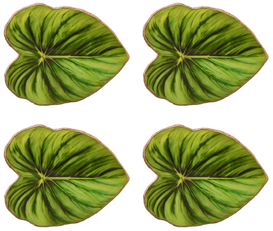 The Kim Seybert Tropicana Coasters Set features four green, heart-shaped leaves with striking veins, arranged in a two-by-two grid—a charming hostess gift with a fresh tropical look.