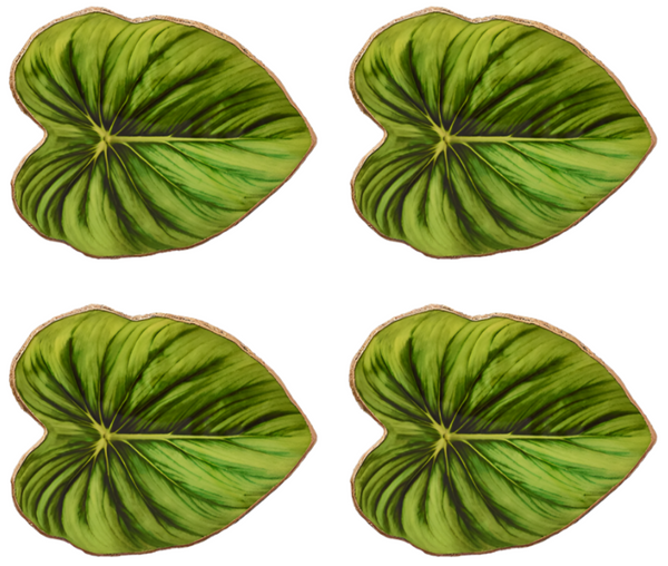 Four green, heart-shaped leaves with distinctive dark green veins arranged in a two-by-two grid on a white background, perfect as Kim Seybert Tropicana Coasters, Set of 4 or a stylish tropical leaf design for your next hostess gift.