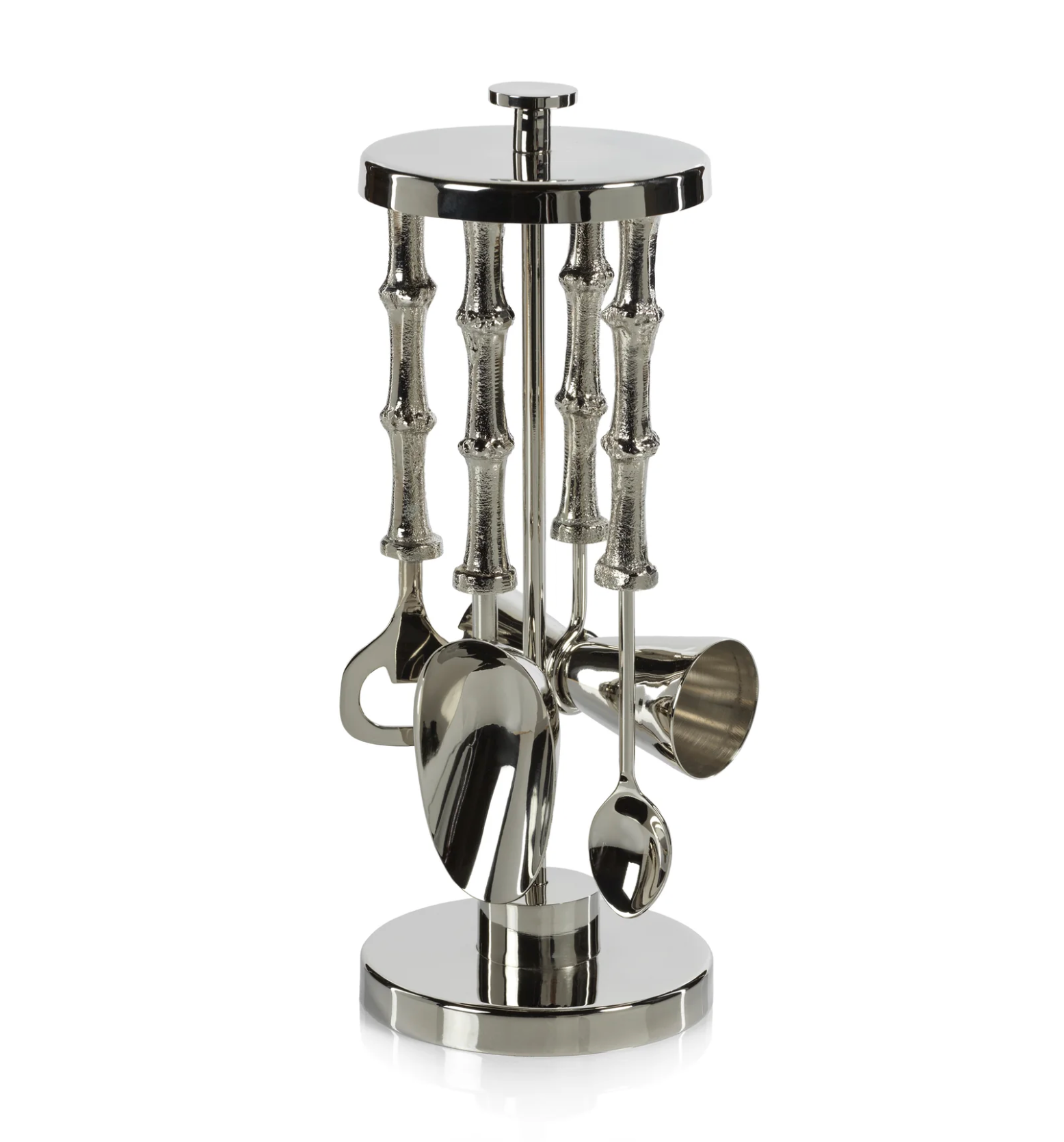 The Zodax Bamboo 5 Piece Bar Tool Set includes a jigger, bottle opener, strainer, spoon, and more, all stylishly presented on a circular stand.
