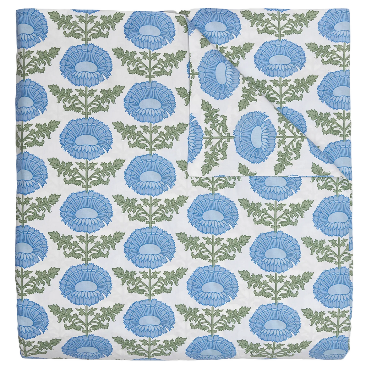 The Kaavia Light Indigo Bedding Collection by John Robshaw features a quilt adorned with a repeating pattern of large blue flowers and green leaves on a white background, evoking the timeless look of classic floral block prints. Shown with one corner folded to reveal the reverse side, this quilt is crafted from soft 200 thread count fabric for exceptional comfort and can also serve as a lightweight duvet for versatile layering.