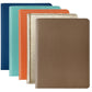 Four 7" Leather Notebooks by Graphic Image in blue, turquoise, orange, gold, and brown are stacked with covers facing forward—crafted with premium gold-gilded paper for the perfect writer's companion.