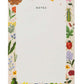 Part of the Curio Desk Accessory Collection by Rifle Paper Co., this notepad has "NOTES" at the top and a border of vibrant insects, flowers, and leaves—perfect for garden lovers on a crisp white background.