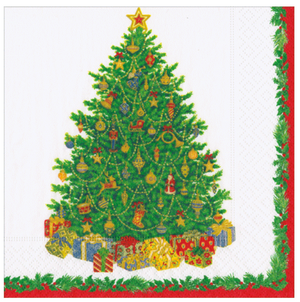 The Caspari Christmas Tree Collection napkin features a decorated tree with a gold star and presents, plus a festive green and red border—an exceptional choice for your holiday gift supplies.