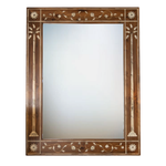 The Bojay Palm Inlay Mirror is a large rectangular wall mirror featuring a brown wooden frame, elegantly adorned with white floral and vine patterns and highlighted by delicate palm inlay details along all four sides—an ideal piece for introducing a touch of tropical décor to your space.