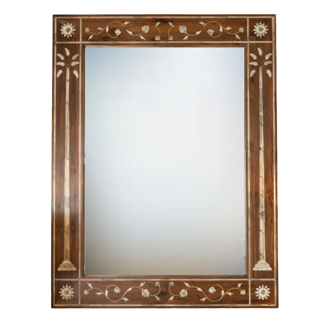The Bojay Palm Inlay Mirror is a large rectangular wall mirror featuring a brown wooden frame, elegantly adorned with white floral and vine patterns and highlighted by delicate palm inlay details along all four sides—an ideal piece for introducing a touch of tropical décor to your space.