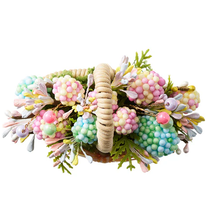 The Kim Seybert Bloom Napkin Ring in Natural/Multi features pastel artificial berries and foliage, bringing a cheerful Easter touch to your spring gatherings.