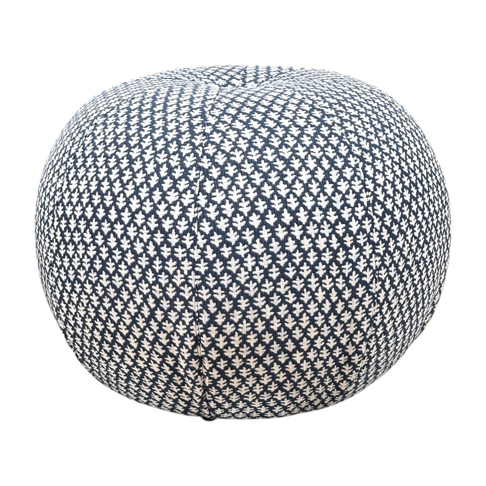 The Seabrook Outdoor Ottoman in Burma Indigo by Lee Industries features a navy and white geometric leaf pattern, adding style to your patio or outdoor space. Shown at an angle against a white background.