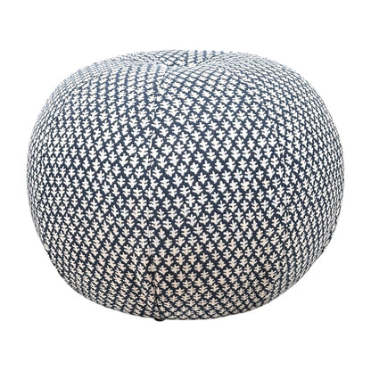 The Seabrook Outdoor Ottoman in Burma Indigo by Lee Industries features a navy and white geometric leaf pattern, adding style to your patio or outdoor space. Shown at an angle against a white background.
