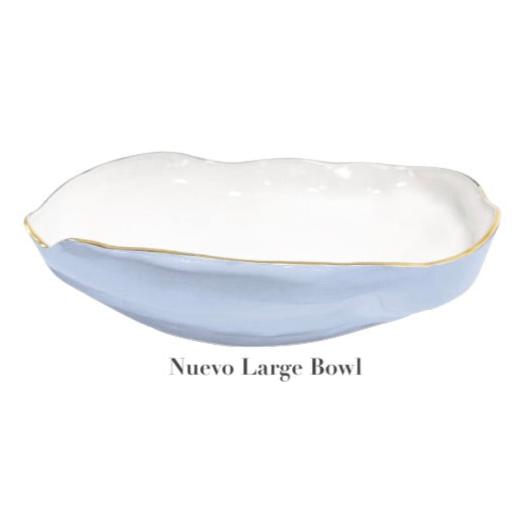 This ceramic bowl from the Beatriz Ball Encanto Periwinkle Collection features enameled white and blue colors with a luxurious gold rim, elegantly labeled as "Nuevo Large Bowl.