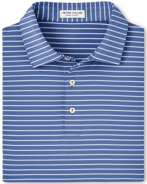 Folded blue and white striped Peter Millar Drum Performance Jersey Polo with a visible label at the neck, featuring moisture-wicking fabric and UPF 50+ sun protection.