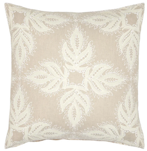 The Verdin Sand Pillow by John Robshaw features a square beige design with a raised white embroidered symmetrical leaf pattern inspired by classic block prints.