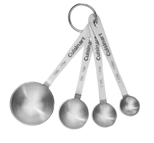 The Cuisinart Stainless Steel Measuring Spoons set includes four spoons with US and metric labels, connected by a metal ring. Dishwasher safe for easy cleaning.
