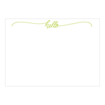 The Caspari Hello Script Card Set features blank white cards made from heavyweight cardstock, each with "hello" in green cursive and a decorative underline at the top.