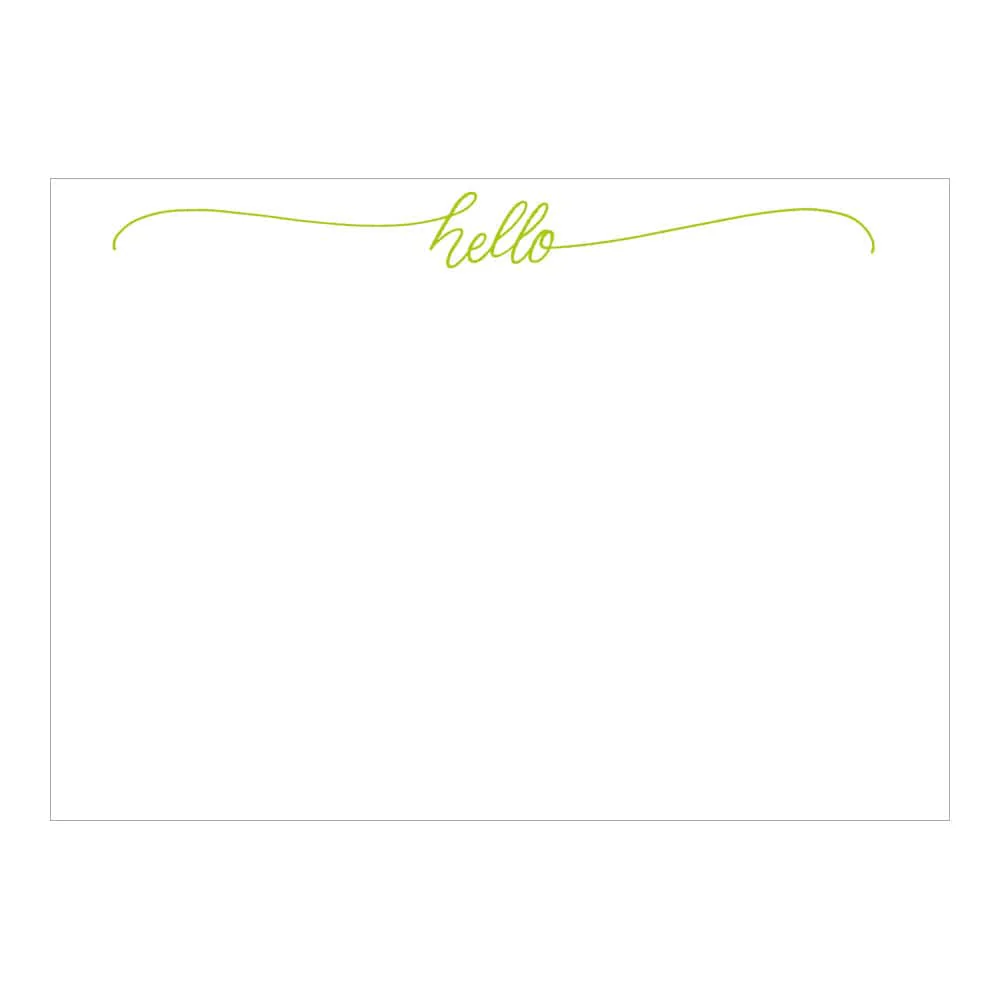 The Caspari Hello Script Card Set features blank white cards made from heavyweight cardstock, each with "hello" in green cursive and a decorative underline at the top.