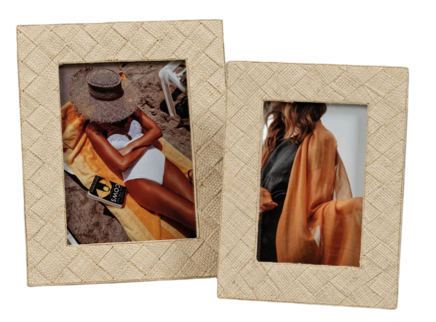 Two woven raffia frames from the Zodax La Bocca Frame Collection add natural chic charm—one displays a sunbathing woman on the beach, the other features a woman indoors with an orange shawl.