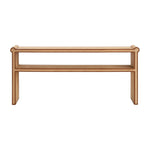 The Large Matthew Console by Made Goods is a rectangular wooden bench with a flat seat, open storage shelf, and full-grain leather trim, shown against a white background.