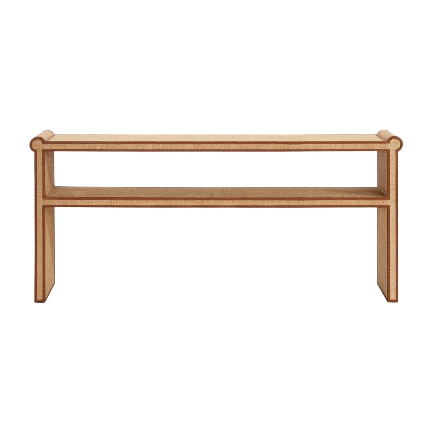 The Large Matthew Console by Made Goods is a rectangular wooden bench with a flat seat, open storage shelf, and full-grain leather trim, shown against a white background.