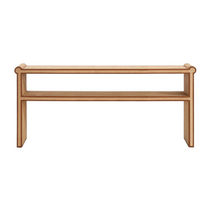 The Large Matthew Console by Made Goods is a rectangular wooden bench with a flat seat, open storage shelf, and full-grain leather trim, shown against a white background.