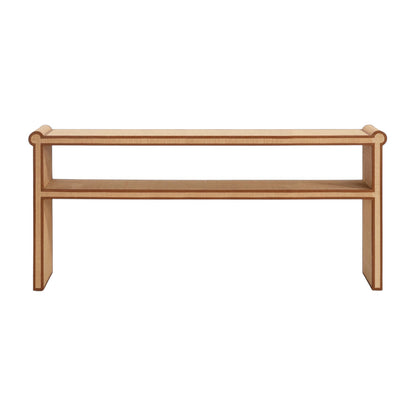 The Large Matthew Console by Made Goods is a rectangular wooden bench with a flat seat, open storage shelf, and full-grain leather trim, shown against a white background.