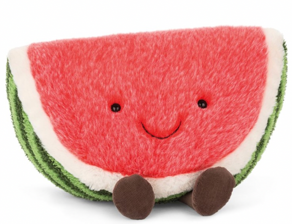 Jellycat presents the Jellycat Amuseable Watermelon, Medium—a cuddly watermelon plush toy shaped like a slice of watermelon with red, green, and white colors, featuring a smiling face and small, brown feet.