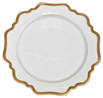 A white plate with a scalloped rim and gold trim, seen from above against a plain background, showcases the refined hand-painted craftsmanship of Anna Weatherley’s Simply Anna Antique White Dinnerware Collection.