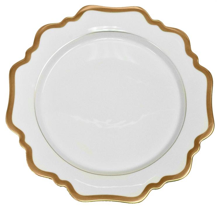 A white plate with a scalloped rim and gold trim, seen from above against a plain background, showcases the refined hand-painted craftsmanship of Anna Weatherley’s Simply Anna Antique White Dinnerware Collection.