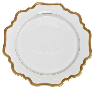 Anna Weatherley’s Anna’s Palette Antique White with Gold Dinnerware Collection features a white ceramic plate with a scalloped gold rim, photographed from above on a plain background. Inspired by the elegance of Budapest, this piece evokes the timeless artistry found in Anna Weatherley hand-painted dinnerware.