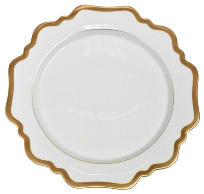 Anna Weatherley’s Anna’s Palette Antique White with Gold Dinnerware Collection features a white ceramic plate with a scalloped gold rim, photographed from above on a plain background. Inspired by the elegance of Budapest, this piece evokes the timeless artistry found in Anna Weatherley hand-painted dinnerware.