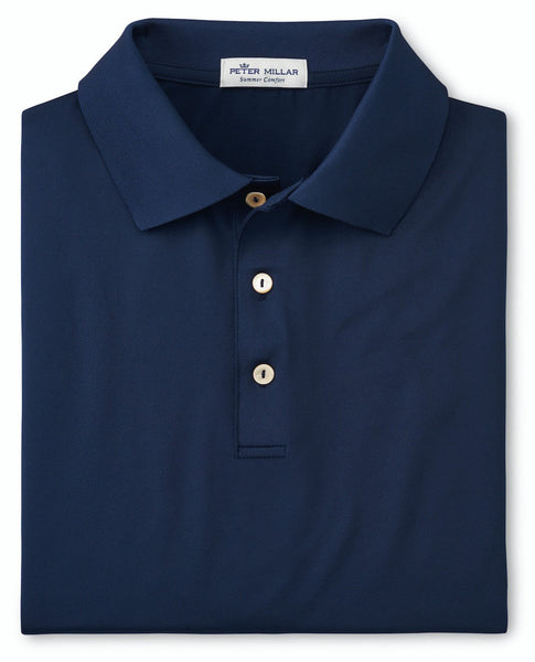 The Peter Millar men's navy Solid Performance Jersey polo features UPF 50+ protection.