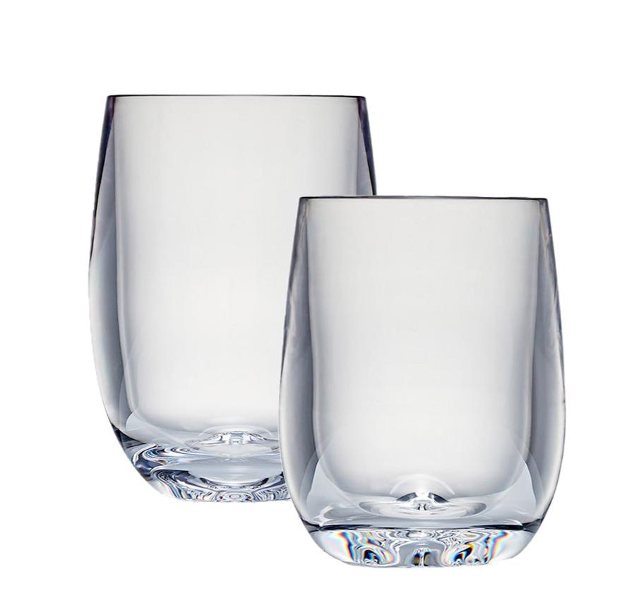 Two clear, empty stemless wine tumblers from the Bold Oasis Acrylic Drinkware Collection are placed side by side against a white background, showcasing modern drinkware style.