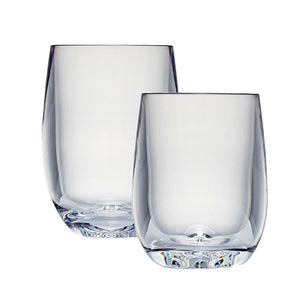 Two clear, empty stemless wine tumblers from the Bold Oasis Acrylic Drinkware Collection are placed side by side against a white background, showcasing modern drinkware style.